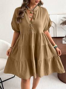 Ceyna Plus Size V-Neck Polo Sleeve Casual Washed Gauze Crinkle Dress - Khaki - View 4