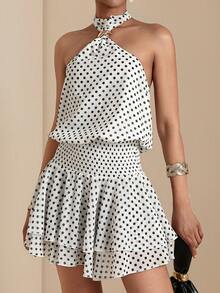 SHEIN Veneréa Romantic Tropical Vacation Metal Buckle Decor White With Black Polka Dots Print Halter Sleeveless Ruffled Hem Patchwork Flowy Dress For Women Summer - Black and White - View 5