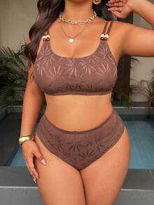 Swim Chiccia Plus Size 2 Pieces Brown Coconut Tree Textured Bikini Set, Amber Bead Decor Scoop Neck Spaghetti Strap Swimwear, Summer, Boho, Beach, Holiday Resort Wear - Brown - View 3