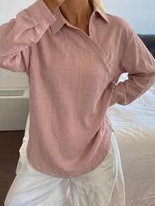 DAZY Women's Loose Fit Striped Shirt With Lapel Collar - Pink - View 4