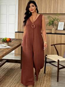 Weeklong White Plus-Size Jumpsuit - Sleeveless, V-Neck & Loose Fit, Suitable For Daily Wear & Office Commute, Spring & Summer Outfit - Rust Brown - View 1