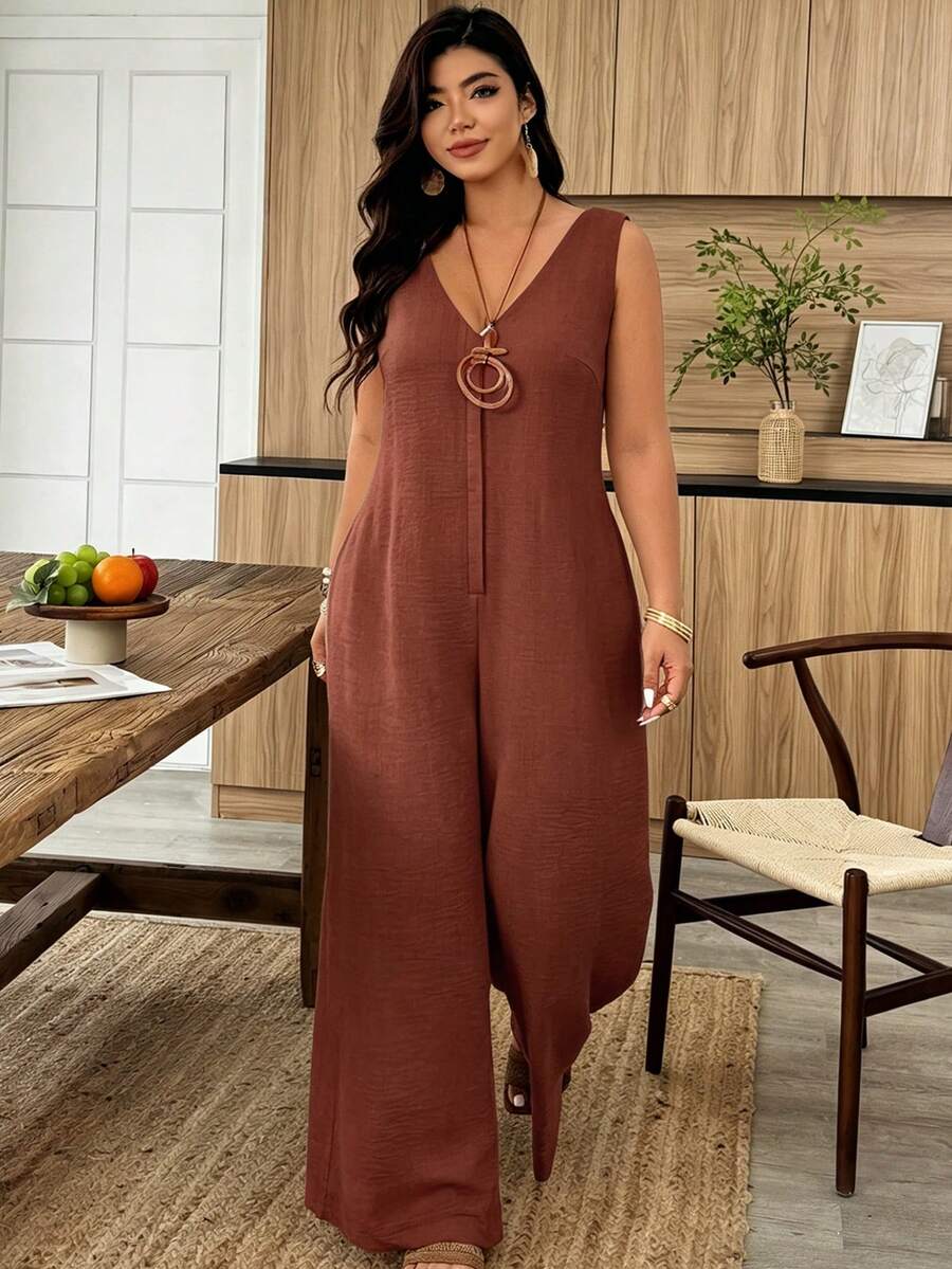 Weeklong White Plus-Size Jumpsuit - Sleeveless, V-Neck & Loose Fit, Suitable For Daily Wear & Office Commute, Spring & Summer Outfit - Rust Brown - View 1