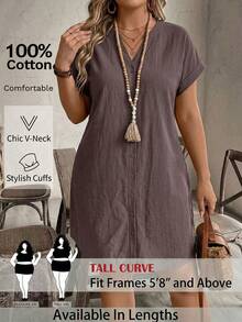 SHEIN Tall CURVE Đầm cotton đơn giản, màu trơn, cài cúc đơn dành cho nữ cỡ lớn - màu nâu - Xem 1