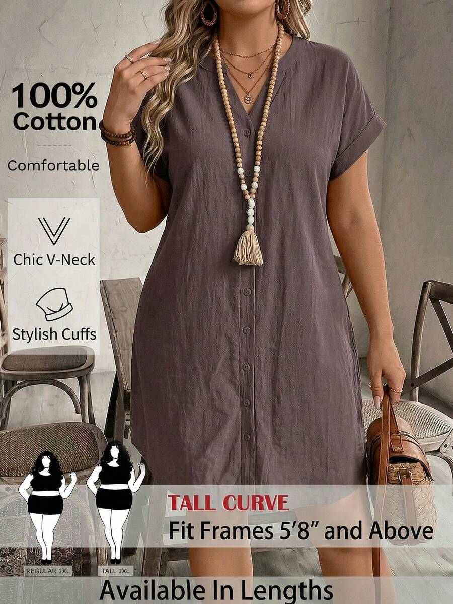 SHEIN Tall CURVE Đầm cotton đơn giản, màu trơn, cài cúc đơn dành cho nữ cỡ lớn - màu nâu - Xem 1