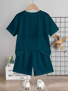 SHEIN Young Boy Casual Comfortable Minimalist Round Neck Short Sleeve T-Shirt And Shorts Set, Classic Cool Striped, Color Block, And Palm Tree Logo Graphic Print, Suitable For Spring And Summer - Multicolor - View 3