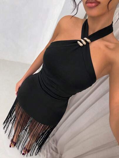 SHEIN Raffinéa Women's New Black Sleeveless Dress With Criss-Cross Neck, Metal Buckle Waist Decor, Ruched Bodycon Silhouette, Sexy & Romantic With Extra Long Fringe, Elegant & Fashionable For Party, Daily Wear, Street Style