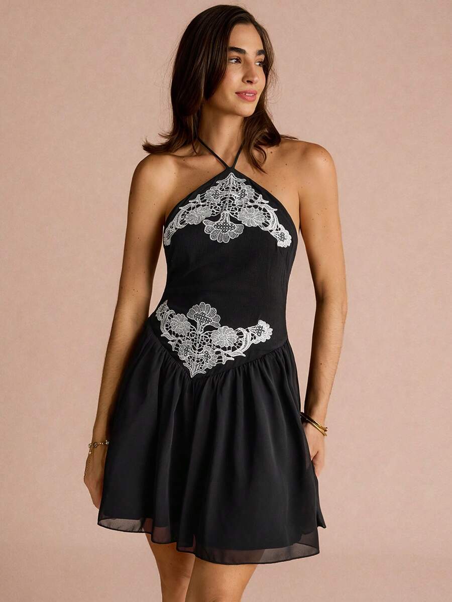 Enchnt 女士无袖深V领垂褶宽松迷你连衣裙 - 黑色 - 查看 1