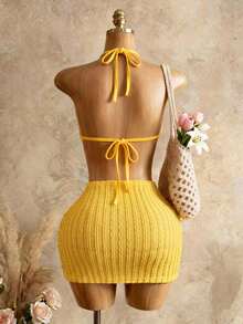 SHEIN BamGlam 2026 New Women Chain Beach Holiday Sexy Strap Hollow Hanging Chain Dress,Suitable For Party, Christmas, Date Night, Nightclub, Bohemian, Boho, Vacation, Vacation, Vintage, Holiday, Beach, Cruise Beach Club Outfits Women Vacay Outfit Women Yellow Cover Ups For Swimwear - Yellow - View 3