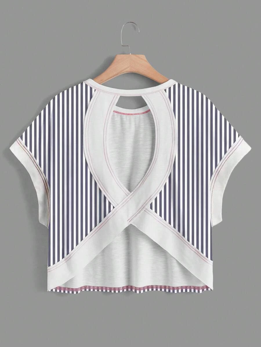 SHEIN Essnce Áo thun nữ dáng rộng không tay, cổ tròn, hở lưng, vạt áo bất đối xứng, thích hợp cho mùa hè. - Màu xanh hải quân - Xem 1