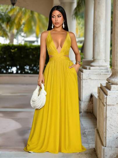 SOLERSUN Women's Summer Simple & Elegant Beach Vacation Yellow Color Deep V-Neck Backless Blend Waist Crisscross Cut Out Long Dress,Casual Vacation Outfits For Summer,Beach-Ready Outfits Travel, Daily Wear, Party,Holiday Yellow Wedding Guest Dress Women Prom Yeloow Dress Yellow Sundresses For Women Gowns Yellow Dress For Women All Seasons,Going Out Women Daily Beach-Ready Outfits Travel, Daily Wear Festival Graduation Country Concert Outfit