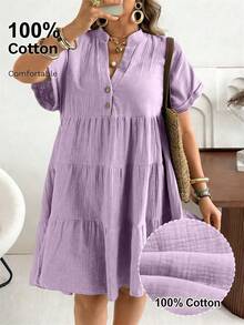 Plus Size V-Neck Polo Sleeve Casual Washed Gauze Crinkle Dress - Mauve Purple - View 1