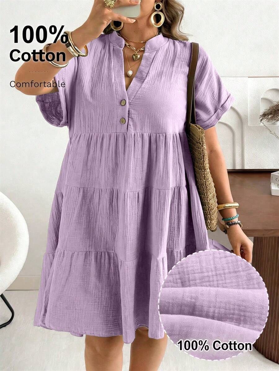 Plus Size V-Neck Polo Sleeve Casual Washed Gauze Crinkle Dress - Mauve Purple - View 1