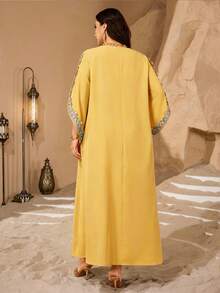 Al Najma Plus Size Solid Color Lace Trim Women Turkish Long Tunic, Arabic Traditional Maxi Dress - Mustard Yellow - View 2