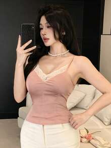 DAZY 女士蕾丝拼接修身吊带背心，春夏款 - 粉色 - 查看 4