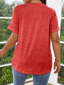EMERY ROSE Áo thun tay lửng màu trơn cỡ lớn, kiểu Henley, màu hồng, cài nửa cúc phía trước, dành cho nữ. - Đỏ - Xem 2