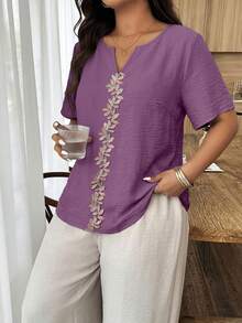 Apricot Linen Fabric Short Sleeve Lace Patchwork Plus Size Vacation Top, Spring/Summer - Purple - View 3