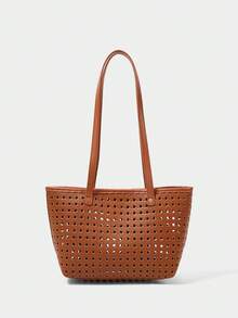 SHECARRY Bolso de hombro para damas, bolso de mano exquisito de PU con relieve tejido y hueco para vacaciones - Marrón - Ver 1