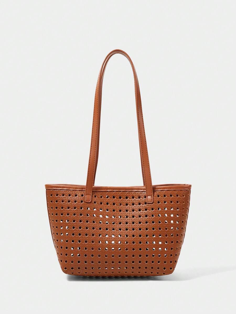SHECARRY Bolso de hombro para damas, bolso de mano exquisito de PU con relieve tejido y hueco para vacaciones - Marrón - Ver 1
