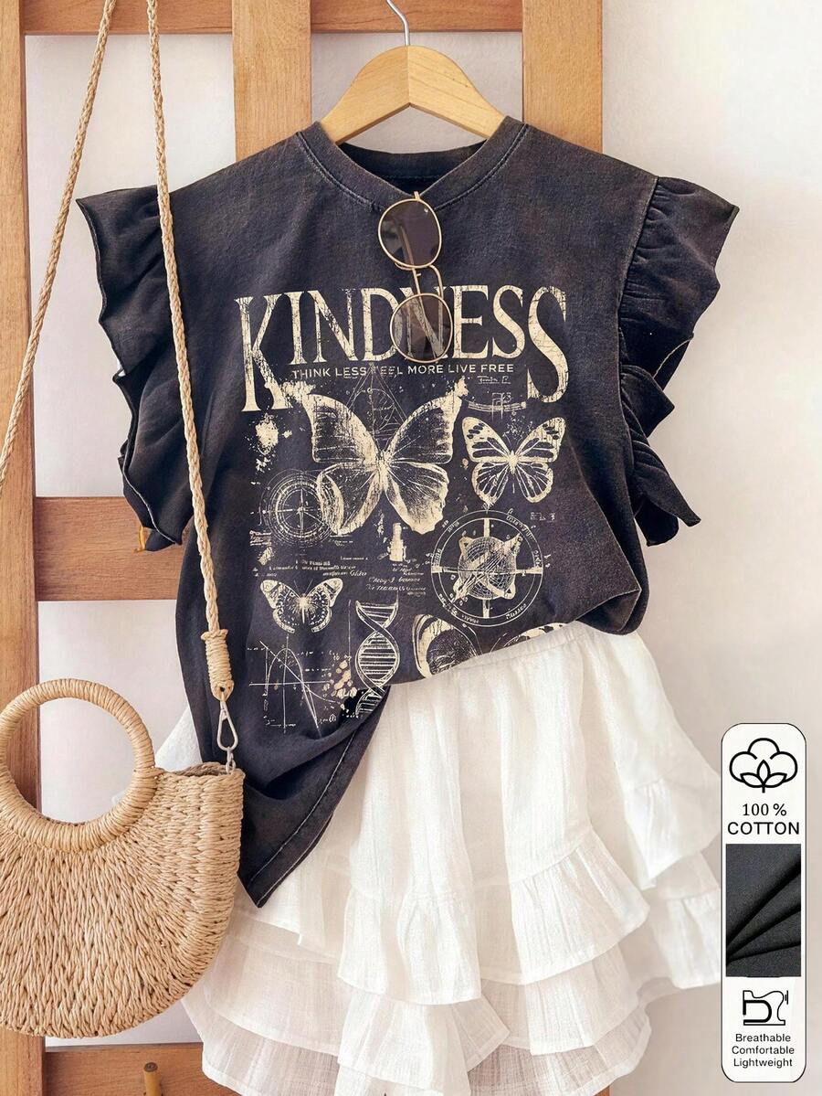 Resyla Áo thun nữ 100% cotton đã qua xử lý, in hình bướm và khẩu hiệu, kiểu dáng tối giản, cổ tròn, tay bồng. - màu đen - Xem 1