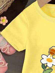 Girls Cute Cartoon Bee & Colorful Floral Print Short T-Shirt,Casual Minimalist Blue Basic Tee,Comfortable Summer School Back-To-School Daily Wear - Yellow - View 6
