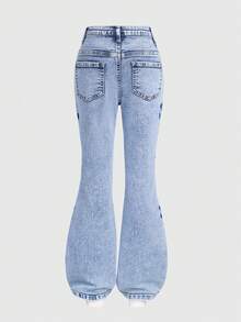 Sparklyn Quần jean denim màu xanh nhạt, dáng ôm, co giãn, chất liệu denim mài, thêu hình bướm, thích hợp cho kỳ nghỉ, mặc hàng ngày, đi học, đi làm, dự tiệc, ở nhà và các dịp lễ kỷ niệm. - Rửa trung bình - Xem 2
