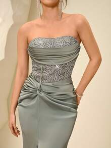 Coutiva High-End Evening Gown, Luxury Sequin Patchwork Elegant Party Dress - Green - View 5