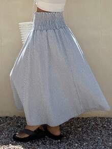 Livesso Cotton Striped Loose Denim A-Line Skirt For Women - Blue - View 2
