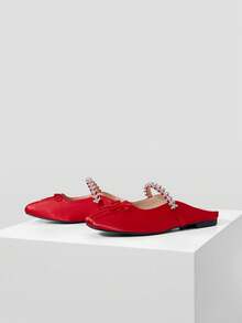 MOTF BAILARINAS MARY JANE CON PUNTA CUADRADA Y DETALLES DE RHINESTONES PARA NAVIDAD - Rosa Roja - Ver 8