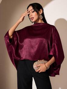 Áo kiểu nữ thanh lịch tay cánh dơi dáng rộng bất đối xứng, thích hợp cho mùa hè. - Màu Đỏ Sâu - Xem 1