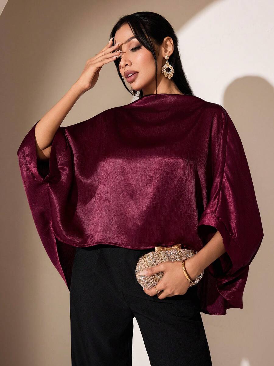 Áo kiểu nữ thanh lịch tay cánh dơi dáng rộng bất đối xứng, thích hợp cho mùa hè. - Màu Đỏ Sâu - Xem 1