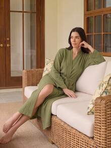Doze Lane Bata suave de algodón cómoda para mujer, conjunto acogedor para otoño e invierno - Verde Oscuro - Ver 5
