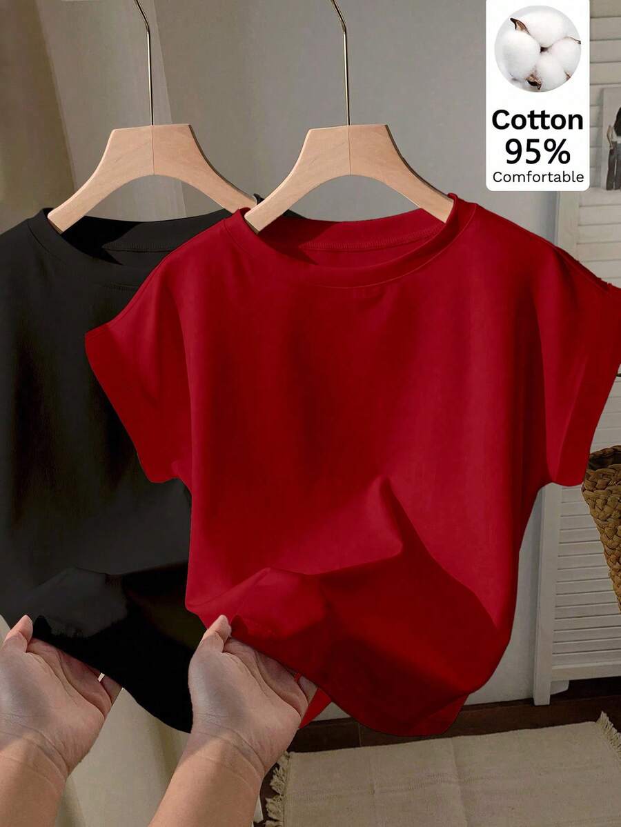 SHEIN EZwear 2件組 95%棉更舒適紅黑配色圓領插肩袖短袖T恤,適合夏季 - 彩色 - 查看 1