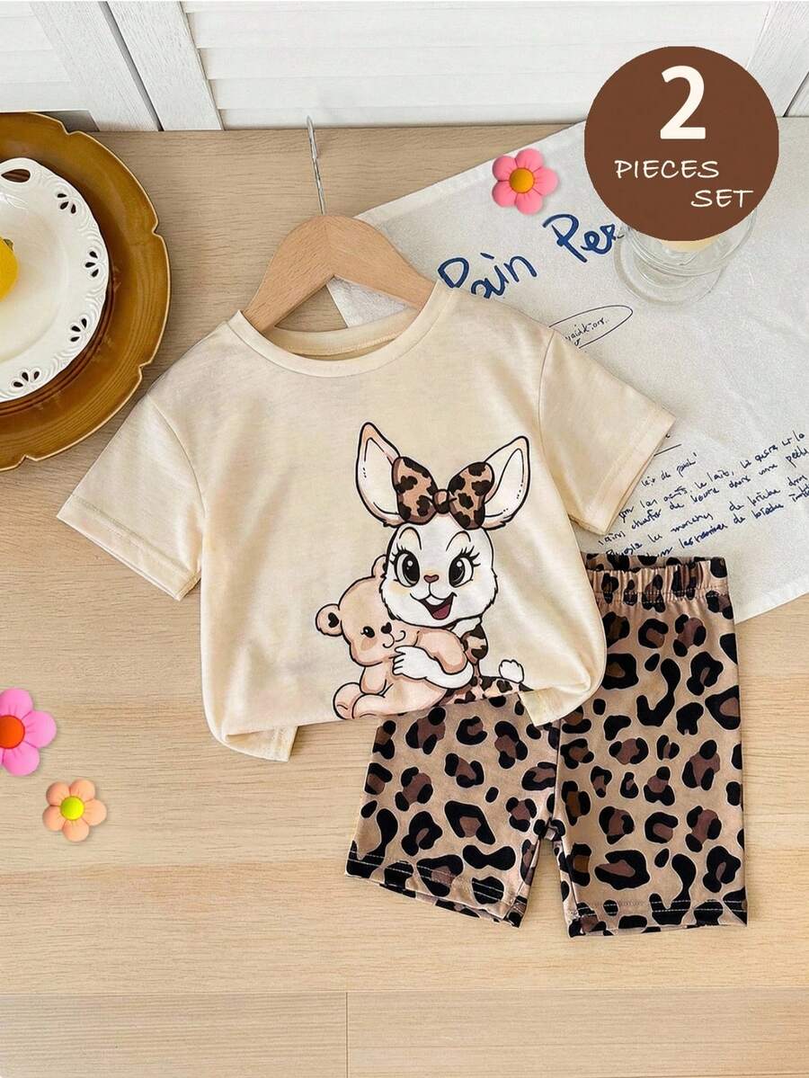 SHEIN Baby Girls Cartoon Print Short Sleeve T-Shirt & Leopard Print Shorts Set - Multicolor - View 1