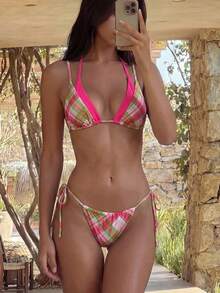 Swim Vcay New Arrival Spring/Summer Plaid Contrast Color Trim Triangle Cup Tie-Up Swimwear Set For Women,2-In-1 Design Bikini Golf White Sexy - Multicolor - View 8