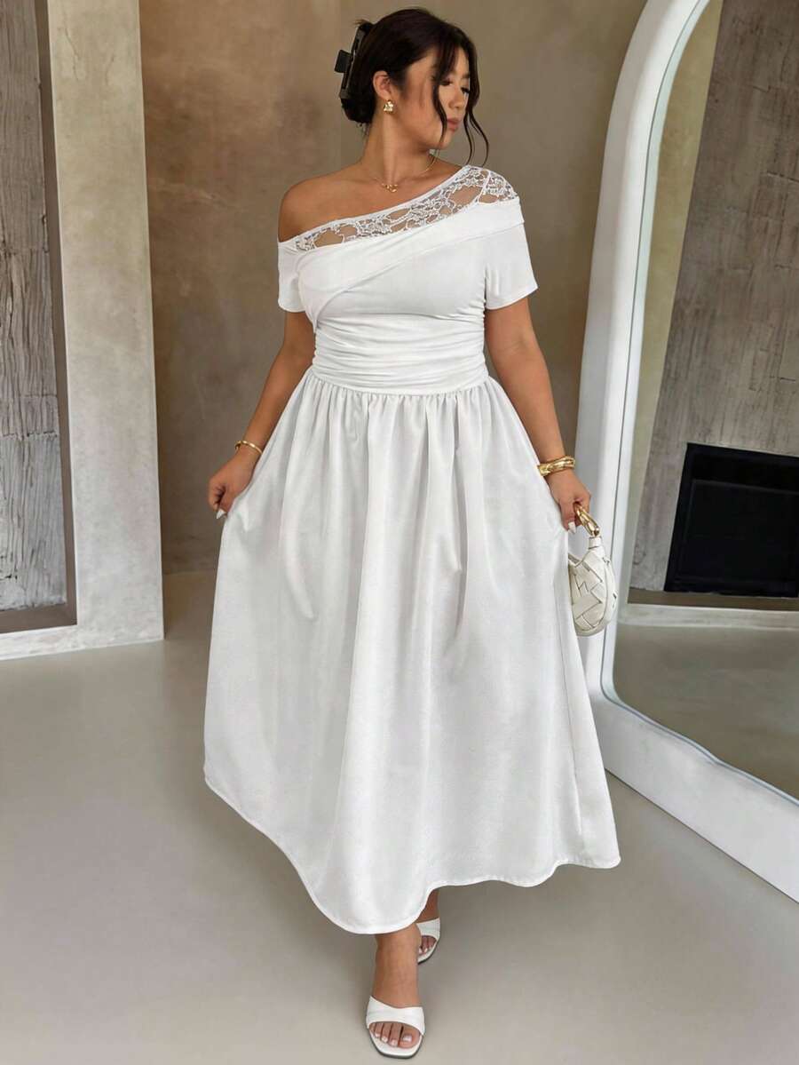 Firerie Plus Size Women's Contrast Lace Asymmetric Neck Short Sleeve Elegant White Dress,Summer Casual Zanzea Wedding,Party & Graduation Dress For Women - White - View 1