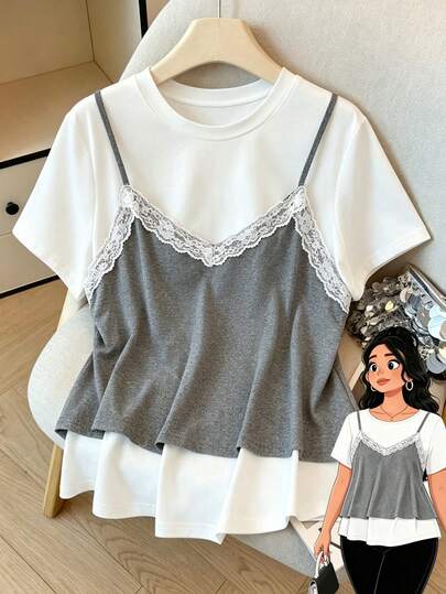 GlowEve CURVE เสื้อยืด 2 In 1 แขนสั้น คอกลม ผ้าถักสีตัดกัน ทรงตรงหลวม สไตล์ลำลอง แฟชั่นใส่สบาย อเนกประสงค์ สำหรับสตรีไซส์ใหญ่ เหมาะสำหรับฤดูใบไม้ผลิและฤดูร้อน