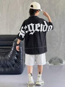 两件装儿童青少年男童舒适休闲百搭字母印花黑色短袖衬衫和短裤套装，适合室内、室外、日常、运动、玩耍、派对、拍照、度假、春夏穿着。 - 黑色 - 查看 2