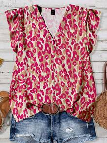 SHEIN CURVE+ Áo sơ mi nữ cỡ lớn tay ngắn cài cúc in họa tiết - trắng - Xem 6