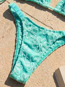 Swim Mod 2pcs/Set Women's Aqua Blue Summer Casual Holiday Vacation Holiday Textured Fabric Halter Backless Triangle Top And Ruched Swim Shorts Bikini Set - Green - View 5