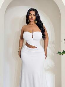 Maweii Vestido de verano de unicolor y sexy con diseño calado para tallas grandes - Blanco - Ver 3