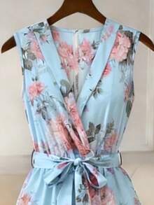 SHEIN Franclia Bộ jumpsuit nữ mùa hè in họa tiết hoa, thiết kế ống rộng, thắt eo, thanh lịch và thời trang. - Màu xanh lam - Xem 4