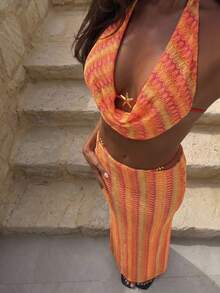Bonvoyette Ținută de plajă pentru femei, material tricotat texturat, design cu decolteu drapat în V adânc, decor metalic, fustă maxi bodycon, elegantă, casual, sexy, de resort, set de costume de baie din 3 piese pentru femei - Portocale - Vizualizare 4
