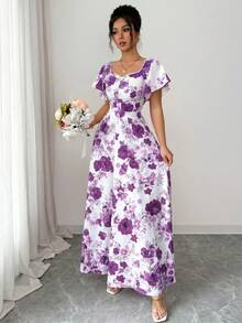 SHEIN Elenzya 女款玫瑰碎花紫色與白色花卉夏季優雅浪漫派對花園派對度假抽褶前襟荷葉袖A字洋裝婚禮 - 彩色 - 查看 7
