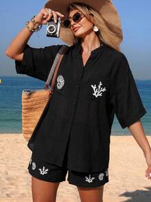 SHEIN Swim Chicsea Quần short nữ mùa hè in họa tiết, kiểu dáng thường ngày. - Đen và trắng - Xem 8