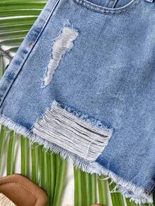 SHEIN WYWH Quần short denim rách tua rua dành cho nữ, có đai, kiểu dáng thường ngày mùa hè. - Rửa nhẹ - Xem 5