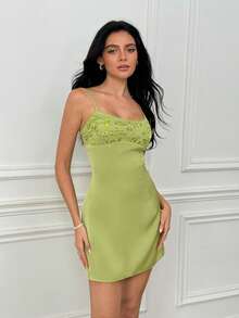 SHEIN Apple Green Sequin Beaded Mesh Patchwork Satin Camisole Mini Dress, Women's Summer Fresh Slimming Satin Mini Dress, Suitable For Vacation, Date, Best Friend Gathering, Graduation Party, Party Outfit - Green - View 3