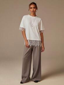 Women's Contrast Lace Round Neck Short Sleeve Casual T-Shirt - White - View 3