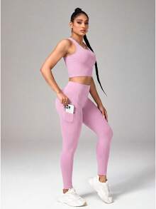 Easithlete Easithlete 女士纯色上衣和紧身裤休闲运动套装 - 粉色 - 查看 6