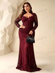 Coutiva Plus Size Lace Collar Long Sleeve Maxi Formal Evening Gown (Heavily Embellished) - Burgundy - View 4
