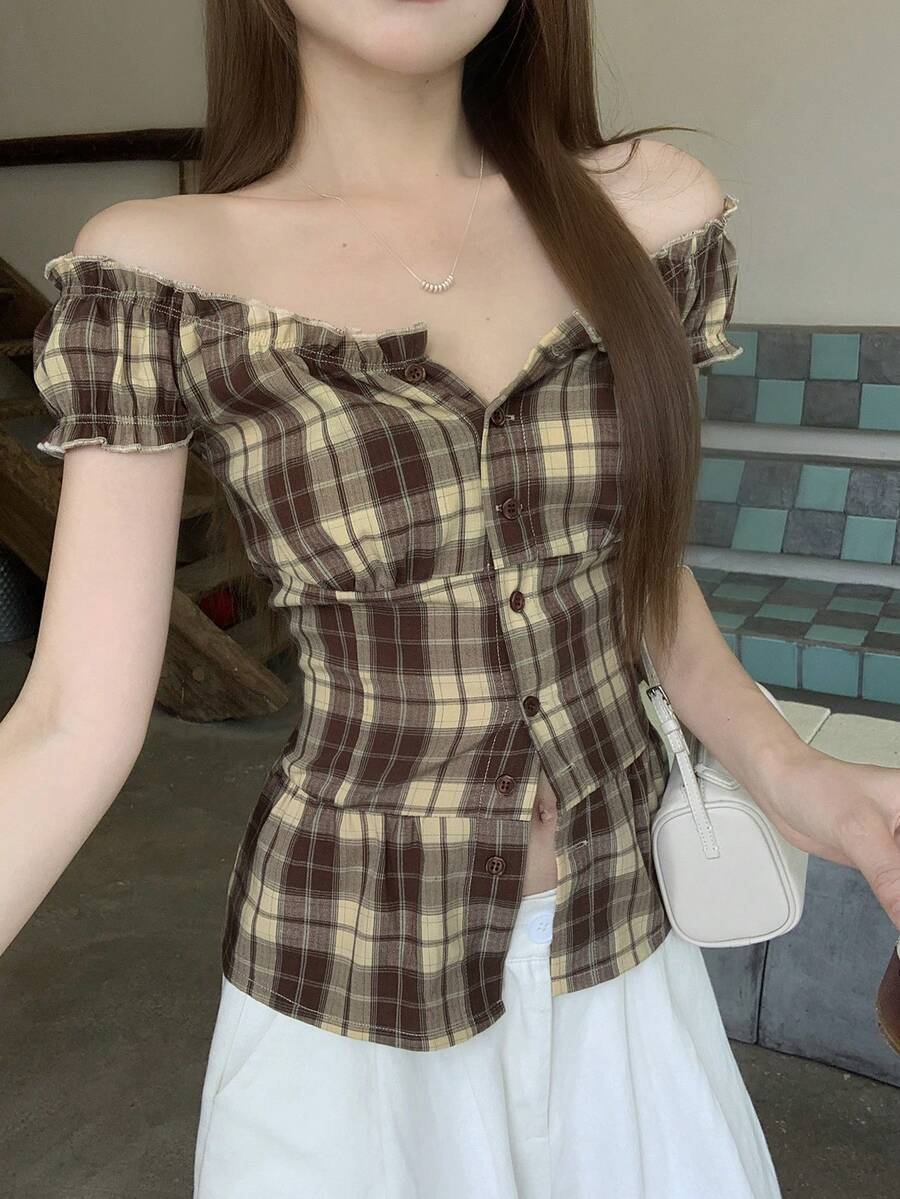 DAZY 格子领修身喇叭袖休闲度假夏季女式衬衫 - 棕色 - 查看 1